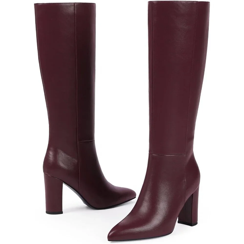 Women's  A-burgundy Tall Long Calf High Chunky Faux Crocodile Knee High Boots